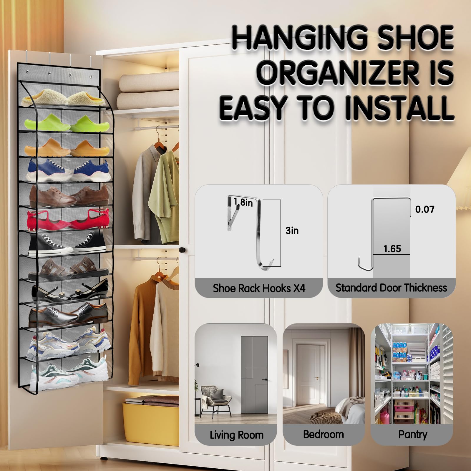 Kotkn Over the Door Hanging Shoe Organizer, 12 Slotted Clear Large Pockets, Hanging Hanging Shoe Organizer, Reusable - Shoe Organizer. Shoe organizer shoe rack for adults, children, babies (Gray)