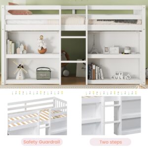 Luckiofvonne Twin Size Low Loft Bed with Storage Shelves, Wood Kids Twin Loft Bed with LED Light and Shelves, Low Loft Bed for Kids, Boys Girls, Strong Wood Slats Support, White