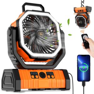 camping fan rechargeable, 20000mah large battery powered fan, 4 speed rechargeable fan portable with remote, battery operated fan with led light and hanging hook, cordless fan for tent picnic outdoor