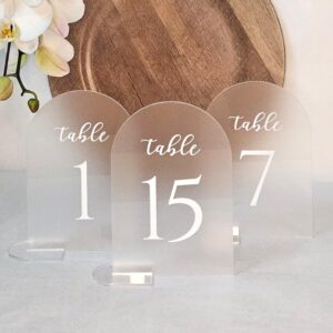 17 pieces wedding table numbers with stands, table numbers 1-15 with head table and gift table, 5x7 inch frosted arch acrylic table numbers with white letters, table numbers for wedding reception