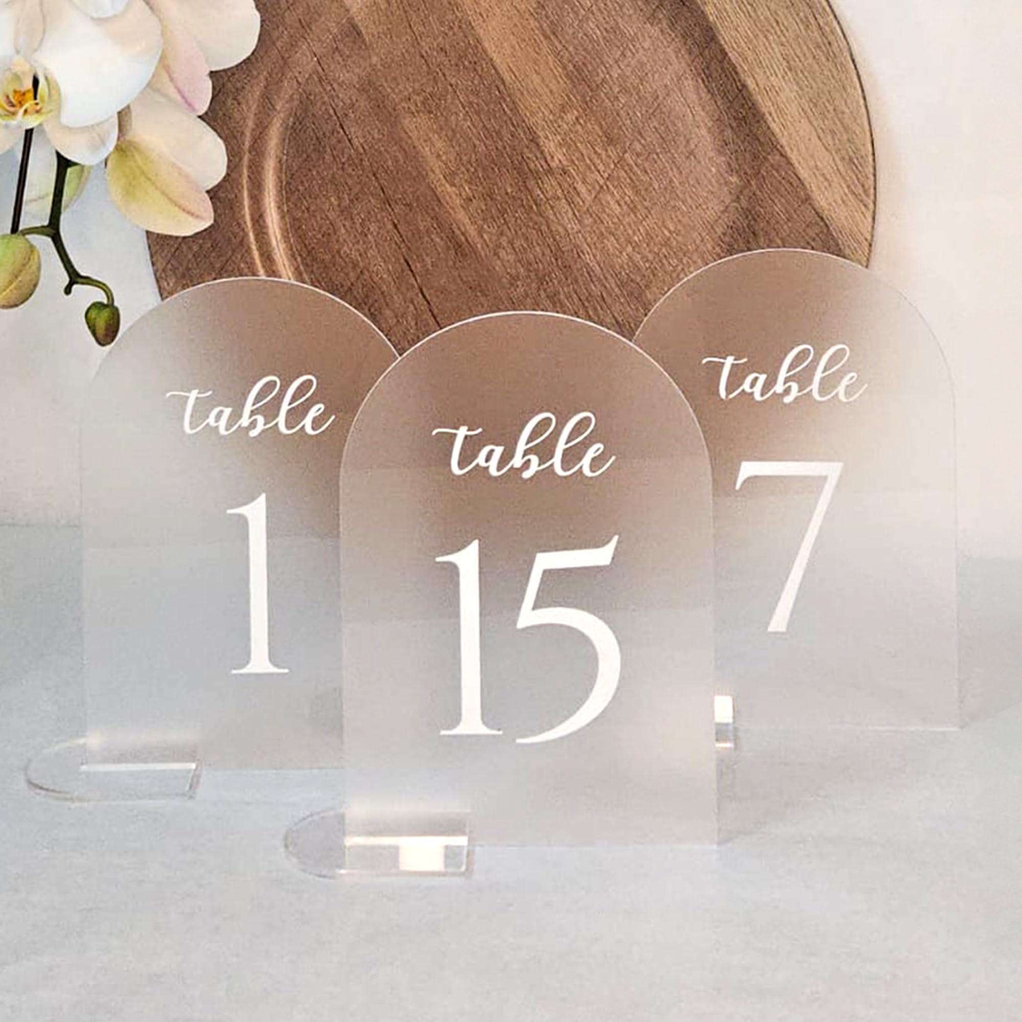 17 Pieces Wedding Table Numbers with Stands, Table Numbers 1-15 with Head Table and Gift Table, 5x7 Inch Frosted Arch Acrylic Table Numbers with White Letters, Table Numbers for Wedding Reception