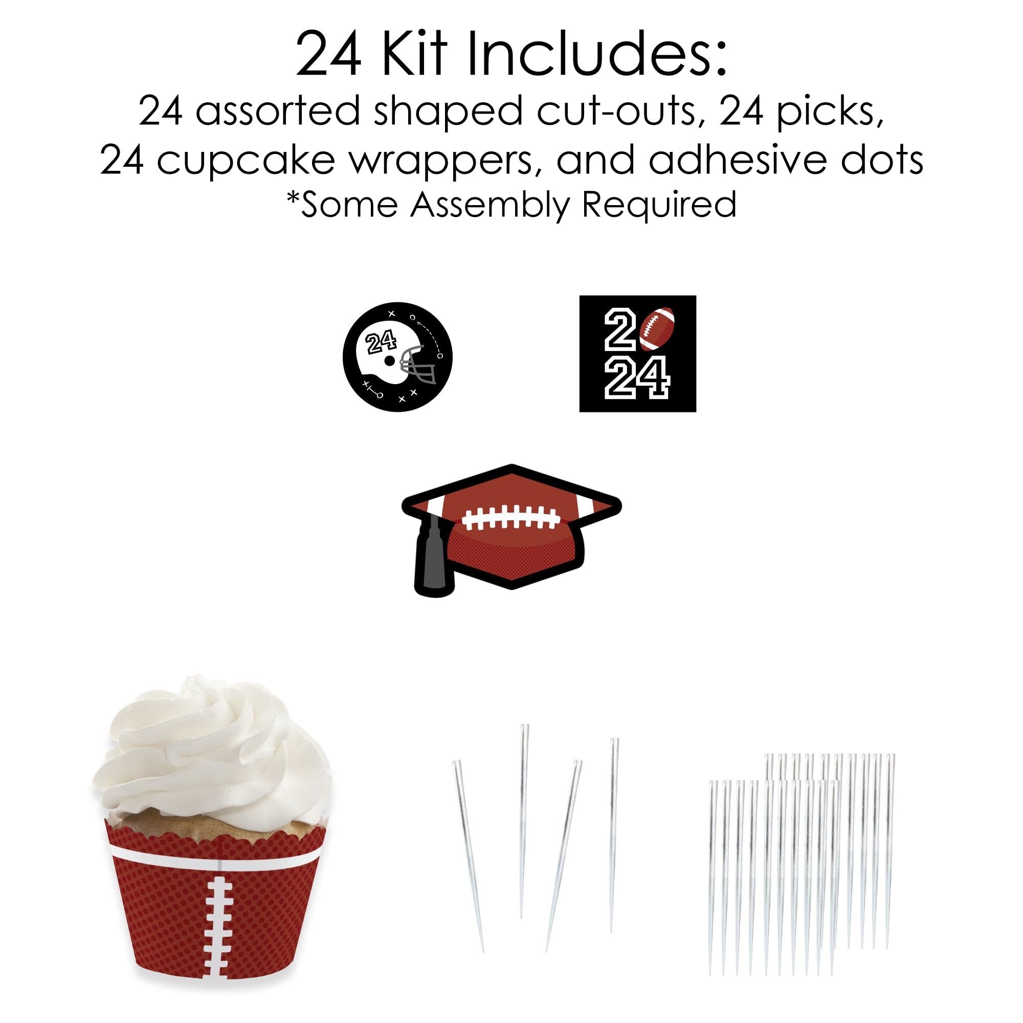 Big Dot of Happiness Grad Football - Cupcake Decoration - 2024 Graduation Party Cupcake Wrappers and Treat Picks Kit - Set of 24