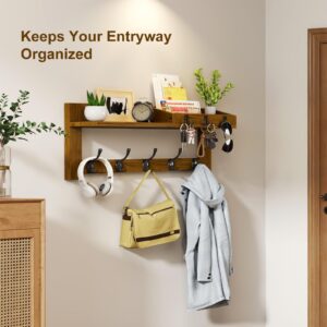 Coat Rack Wall Mount with Shelf, Wall Mounted Coat Rack with Shelf, 24 in Coat Hanger Wall Mount, Wooden Hanging Entryway Shelf with Hooks for Backpack, Bag, Purse, Large Key and Mail Holder for Wall