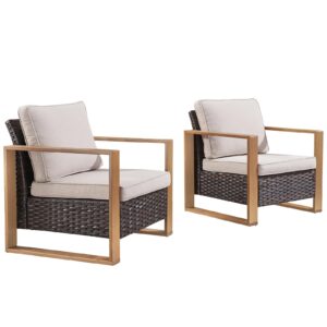 HUMMUH Patio Chairs Set of 2-High Back Rattan Wicker Chairs Outdoor Patio Chairs for Deck Porch Garden Balcony Poolside-Brown/Beige