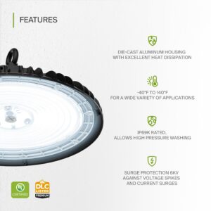 ASD UFO LED High Bay Light 5000K Daylight, 150W/200W/240W, 37,120 lm, Dimmable, DLC Premium & UL, 120-277V, Commercial Bay Lighting, LED High Bay Lights for Warehouse Shop, Waterproof IP69K