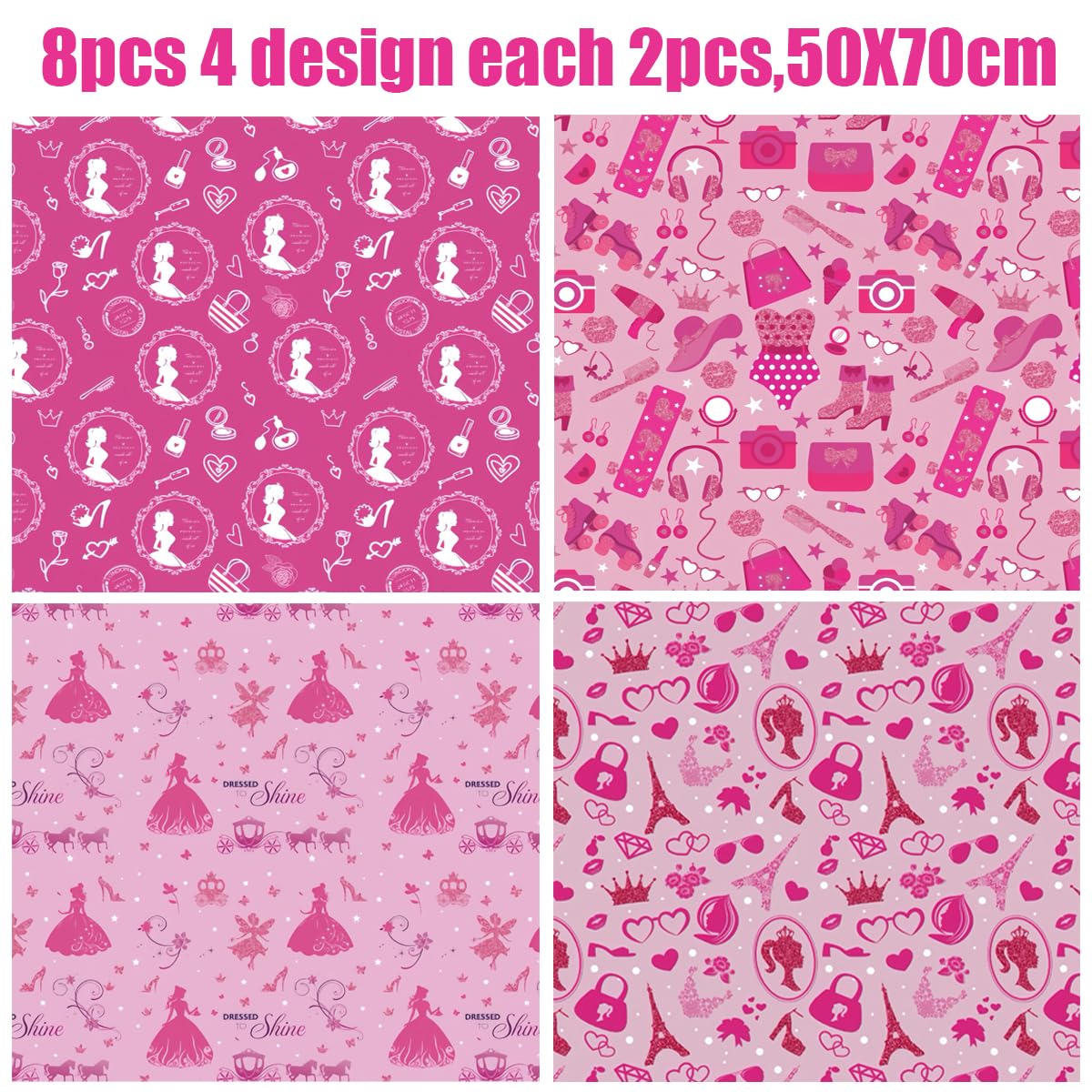 ZJHiome 8 Sheets Girl Princess Wrapping Paper 50x70cm Hot Pink Girl Party Gift Wrap Paper Pink Birthday Wrapping Paper for Kids Girls Birthday Baby Shower Craft Gift DIY Decor