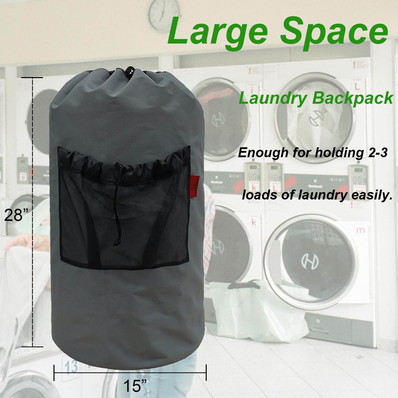 Cover Geny Large Laundry Bag Backpack,College Dorm Room Essentials Laundry Back pack with Padded Shoulder Straps,Adjustable Chest Clasp,Laundry Bookbag for Travel,Laundromat,Apartment,Students Gray