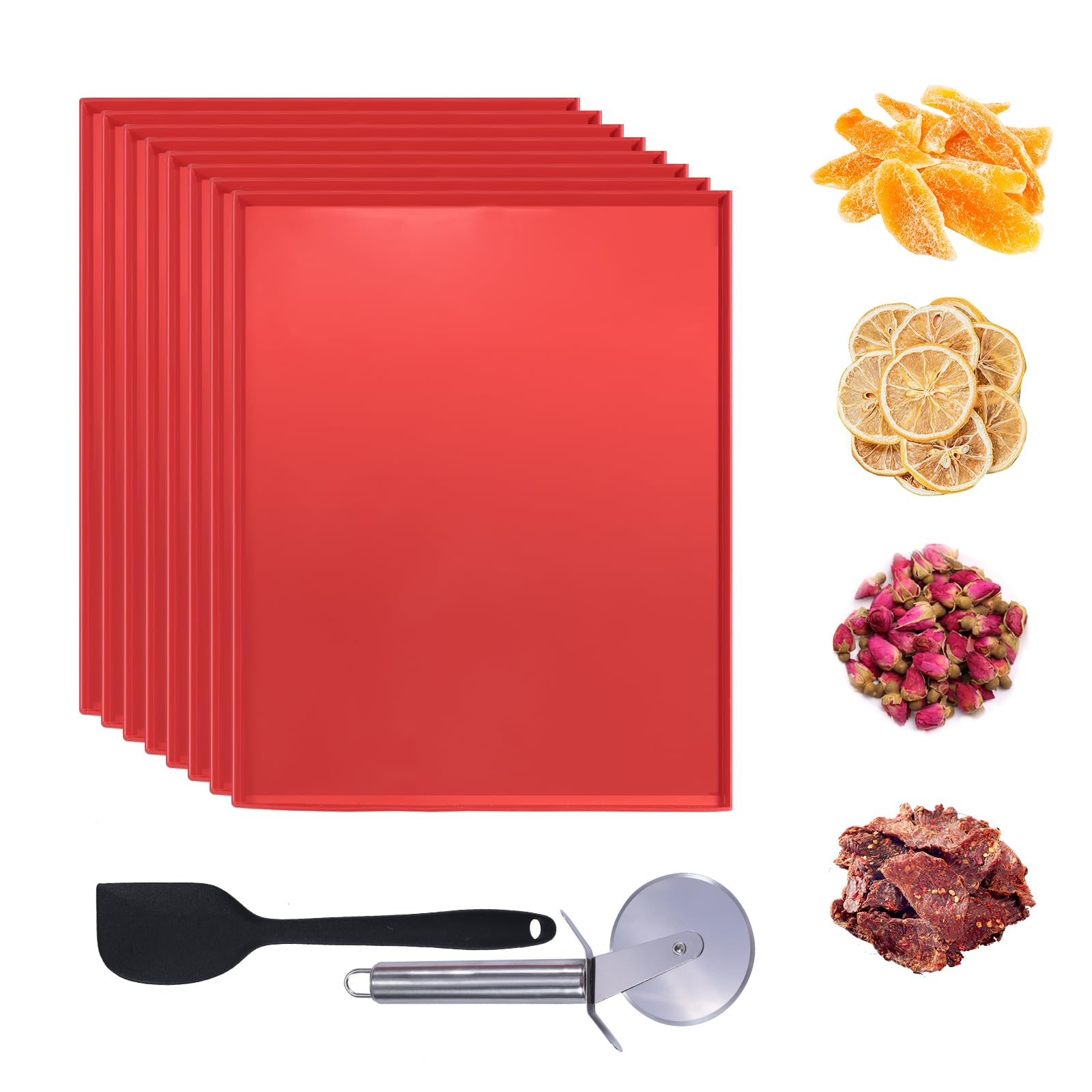 8PCS Silicone Dehydrator Trays for Fruit Leather 12 x 10 Inch Non-stick Dehydrator Mats with Edge for Fruit Vegetables Meat Herbs Liquid Crackers with Silicone Scraper and Cutter Wheel