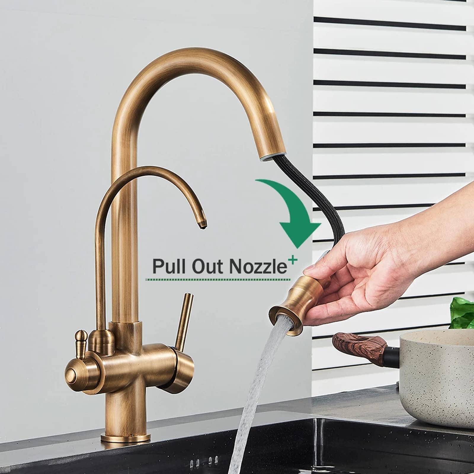 WTEZRSRGG Pull Out Kitchen Faucet with Drinking Water Filter Faucet 2 in 1 Antique Brass Kitchen Sink Faucet 360° Swivel Cold and Hot Water Kitchen Mixer Tap with 2 Handles