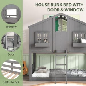 Rovibek House Bunk Beds for Kids Twin Over Twin with Stairs Wood Farmhouse with Door Windows Ladder, No Box Spring Needed, Easy Assembly, Grey