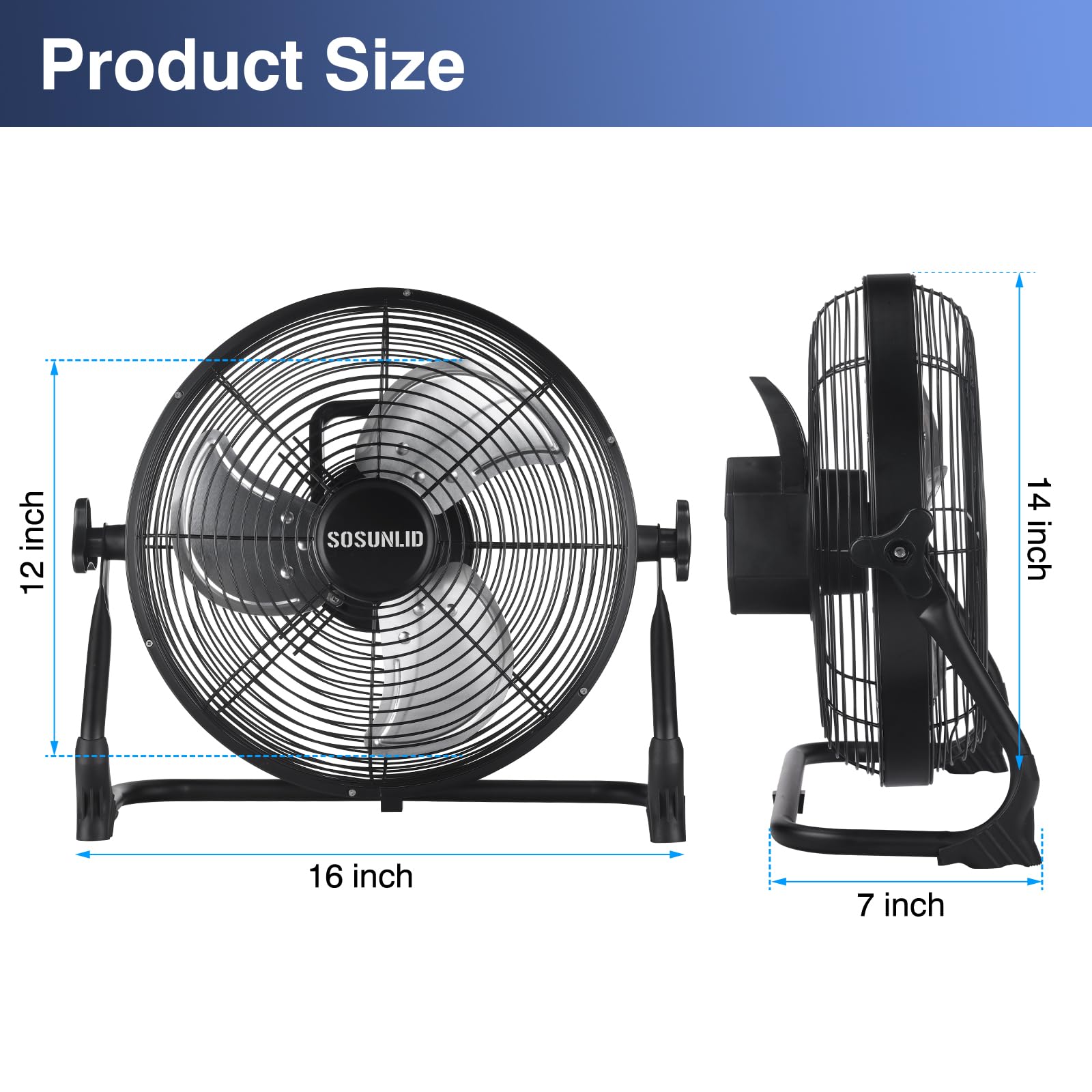 SOSUNLID Rechargeable Battery Powered Floor Fan, 12 Inch Metal Blades, 15600mAh Battery Powered, Run 8.5 to 72 Hours, Portable and Cordless, For Outdoor, Camping, Backyard, Shed