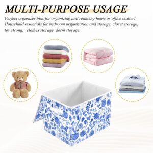 Doterii Blue Chinoiserie Blooming Flowers Storage Bin with Lid Fabric Foldable Cube Baskets Closet Toy Organizer