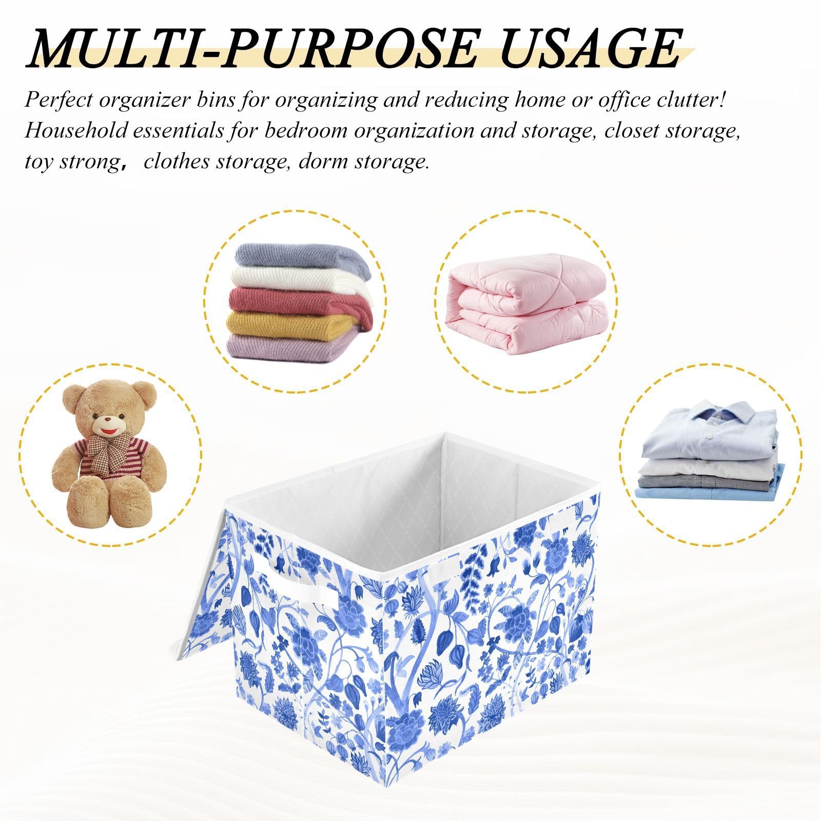 Doterii Blue Chinoiserie Blooming Flowers Storage Bin with Lid Fabric Foldable Cube Baskets Closet Toy Organizer