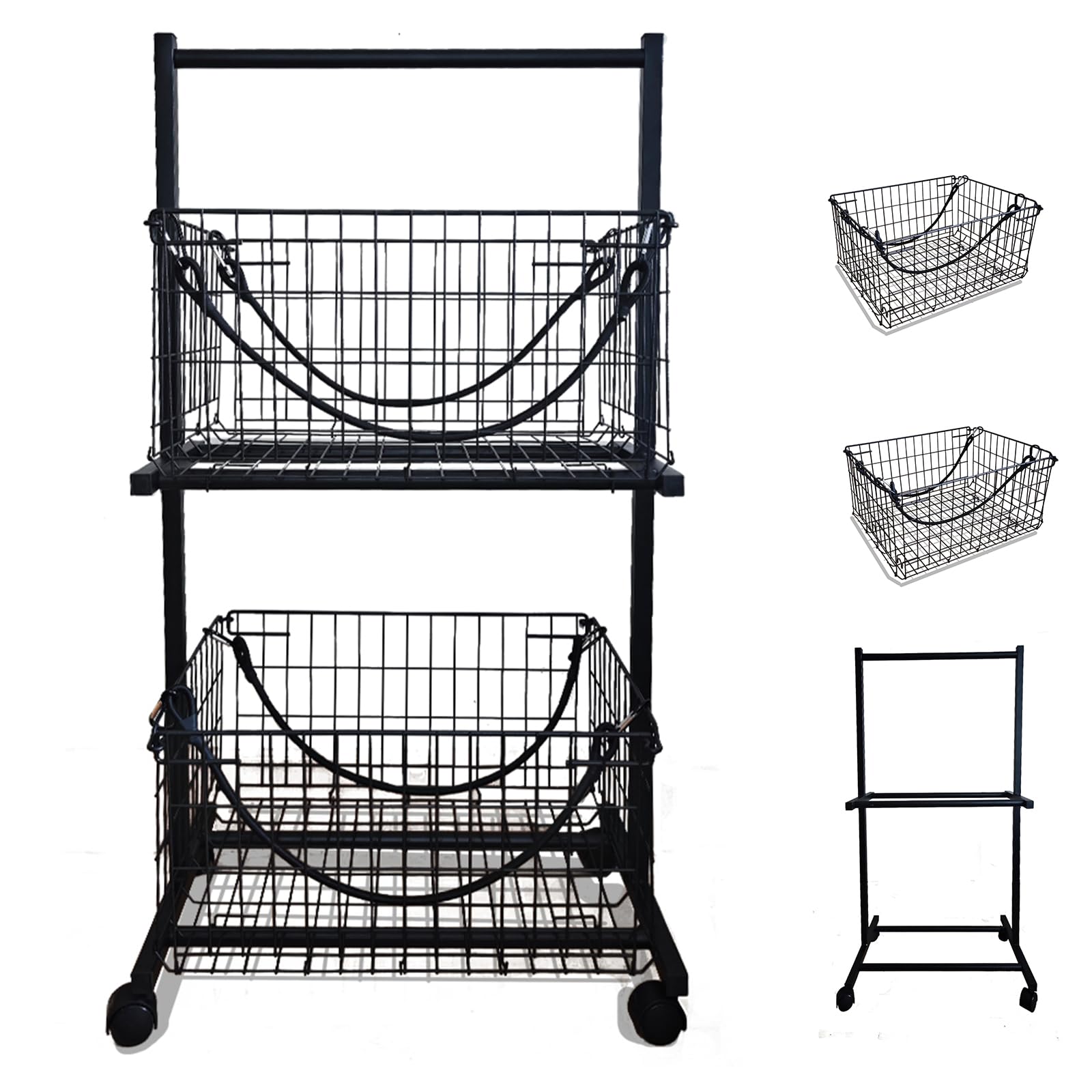 2 baskets rolling laundry basket for garments storage, easy moved with wheels have brake, Laundry basket, white and black，rolling basket (BLACK)