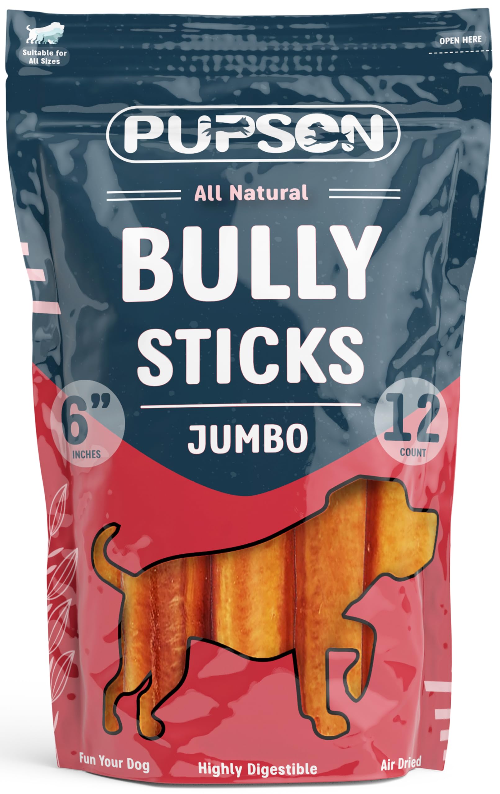 PUPSON 6" Bully Sticks for Dogs, 100% Natural Beef Pizzle Chews, Grass-Fed, Non-GMO, Grain-Free, Long-Lasting Dog Treats for Medium & Large Dogs, Jumbo, 12 Pack