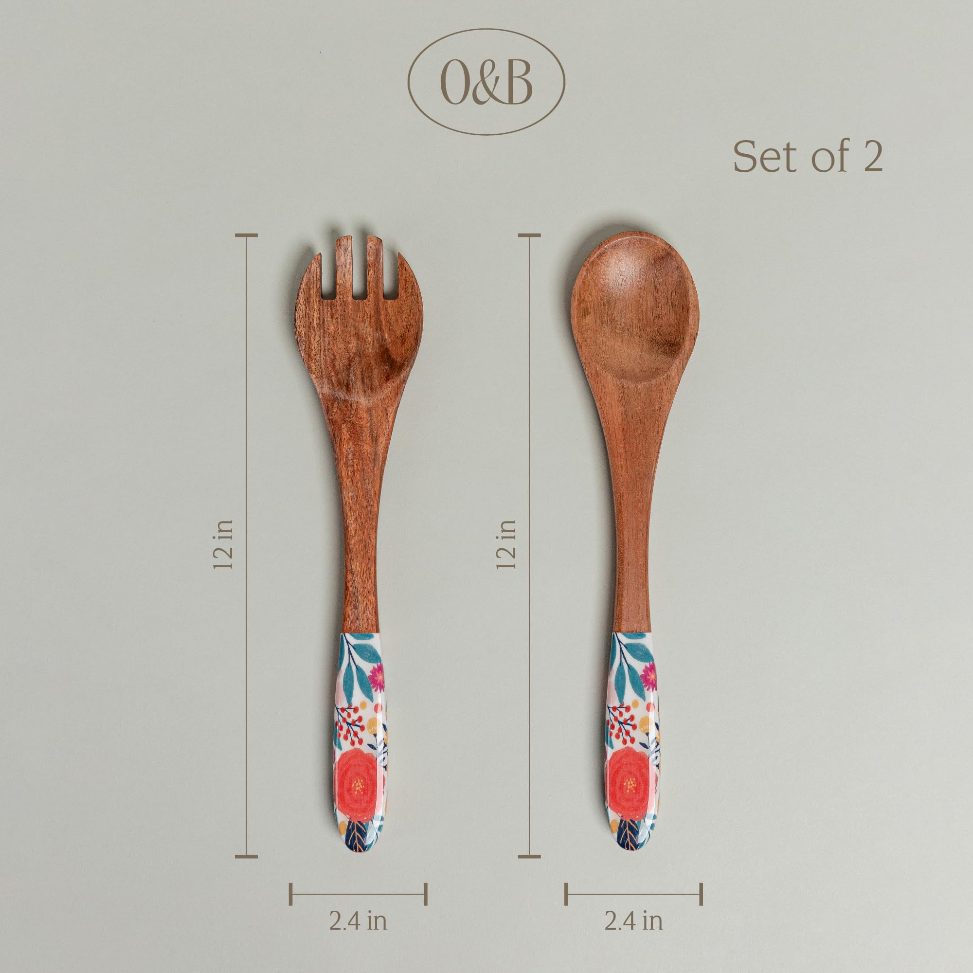 over&back 2pc 12" Wooden Serving Utensils by Jess Phoenix - Wood Fork and Spoon Set to Serve Meals and Mix Salad - Pairs with all our Acacia Serveware