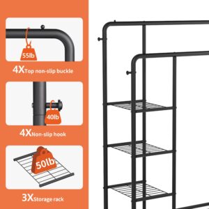 JOISCOPE 47'' * 67'' Heavy Duty Clothes Rack, Double Rods Clothing Racks for Hanging Clothes, Garment Rack with 5 Tier Closet Shelves & 4 Hooks for Clothing Storage, Metal Black Clothing Rack