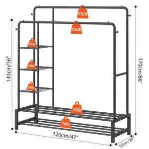 JOISCOPE 47'' * 67'' Heavy Duty Clothes Rack, Double Rods Clothing Racks for Hanging Clothes, Garment Rack with 5 Tier Closet Shelves & 4 Hooks for Clothing Storage, Metal Black Clothing Rack