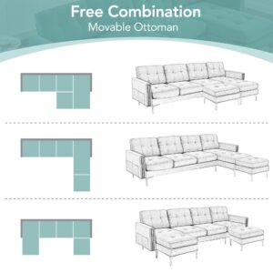 FANYE 111" W U-Shaped Sectional Sofa Couch with Reversible Chaise and Movable Ottoman, Modern 5-Seaters Convertible Corner Sofa&Couch with Side Pockets and Nail Head Decor for Living Room