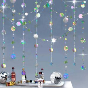 Fecedy 4 Pack Iridescent Star Circle Dot Garland Hanging and Twinkle Little Star Streamer Bunting Banner for Kids Birthday Baby Shower Wedding Party Decoration