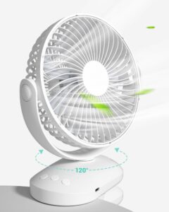 portable clip on fan, oscillating ＆ 120° rotate battery operated stroller fan, 4 speed quiet mini personal desk fan, usb rechargeable fan for outdoor camping golf cart stroller home office white