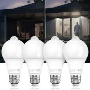 motion sensor light bulbs outdoor, 9w (60 watt equivalent) 800lm, 4-pack a19 security led bulb 5000k daylight white, e26 motion activated led bulb, for front door porch garage basement hallway