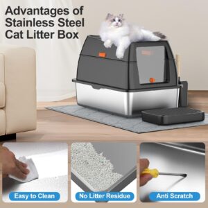 Stainless Steel Litter Box with Lid,Front Entry Top Exit Kitty Litter Box,Extra Large Enclosed Metal Litter Box with Litter Scoop & Litter Mat-Black