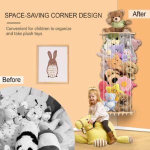 Corner Stuffed Animal Storage Wood Plush Toys Hanging Organizer Length Adjustable Stuffed Animal Holder with Moon Star Pattern Kids Toy Shelf Large Toy Storage for Nursery Playroom Bedroom Furniture