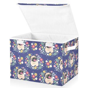 doterii cute pug dog and flowers storage bin with lid fabric foldable cube baskets closet toy organizer