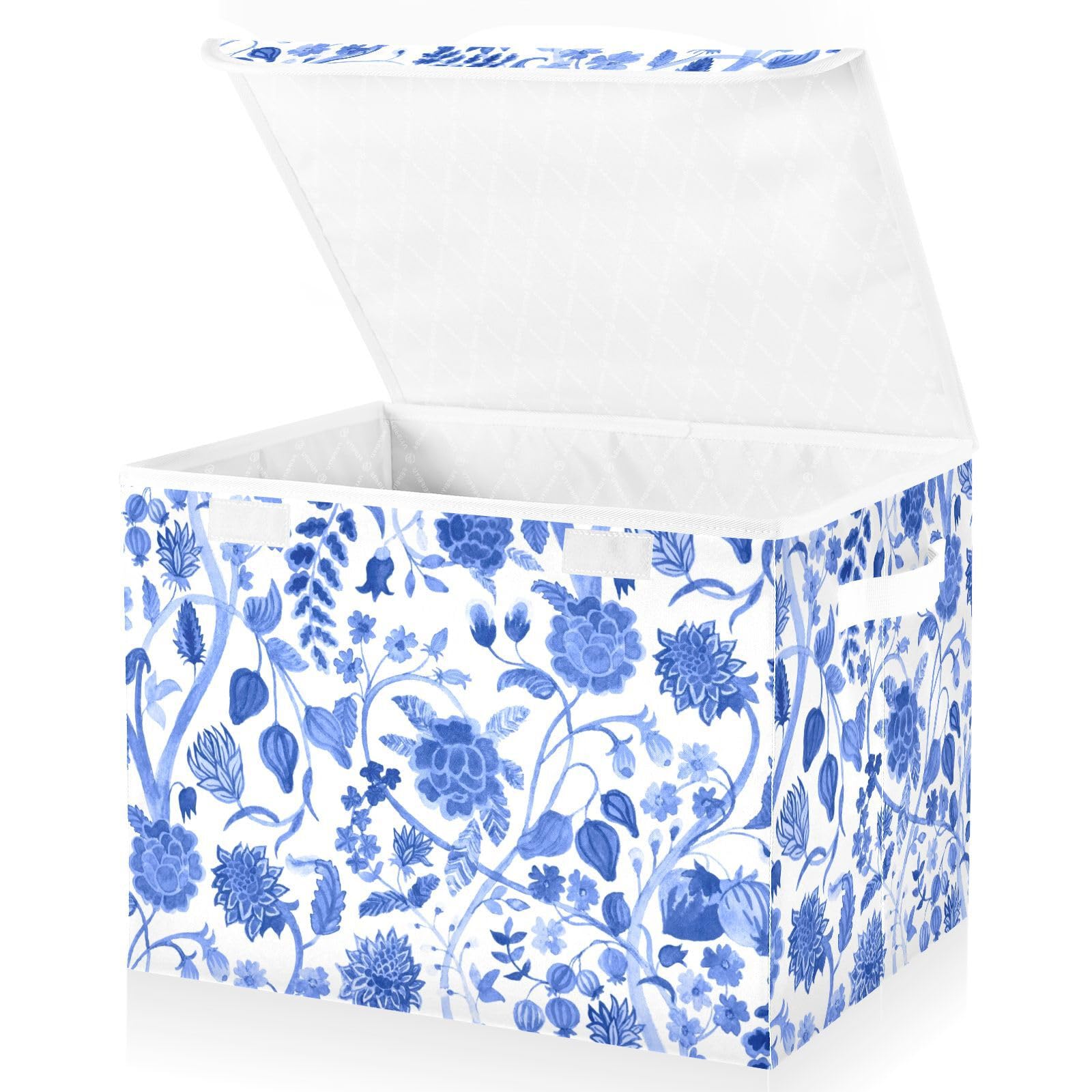 Doterii Blue Chinoiserie Blooming Flowers Storage Bin with Lid Fabric Foldable Cube Baskets Closet Toy Organizer