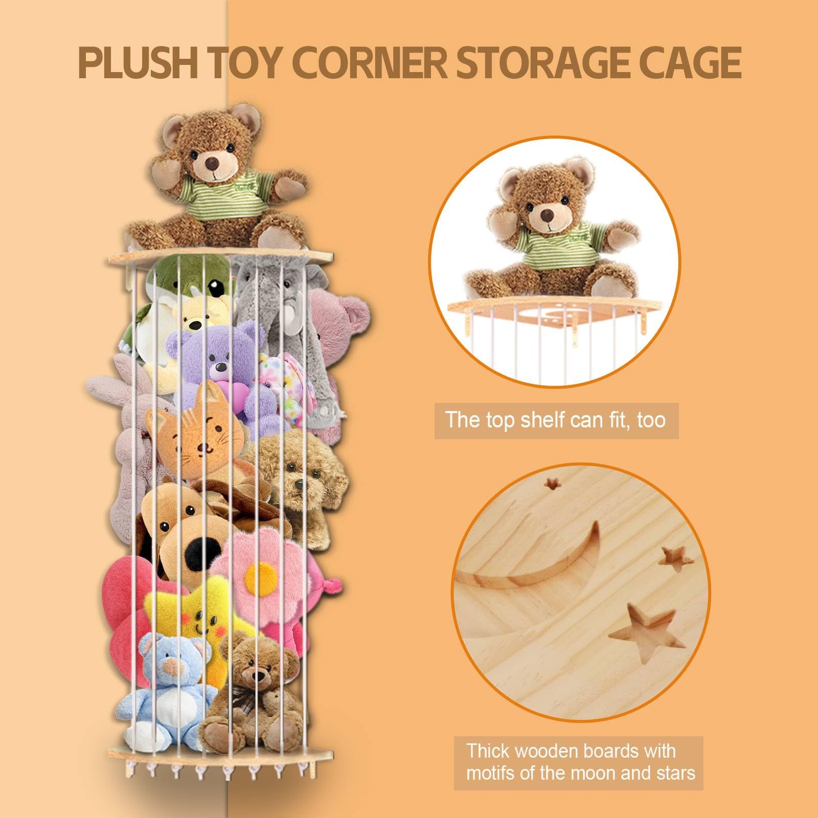 Corner Stuffed Animal Storage Wood Plush Toys Hanging Organizer Length Adjustable Stuffed Animal Holder with Moon Star Pattern Kids Toy Shelf Large Toy Storage for Nursery Playroom Bedroom Furniture