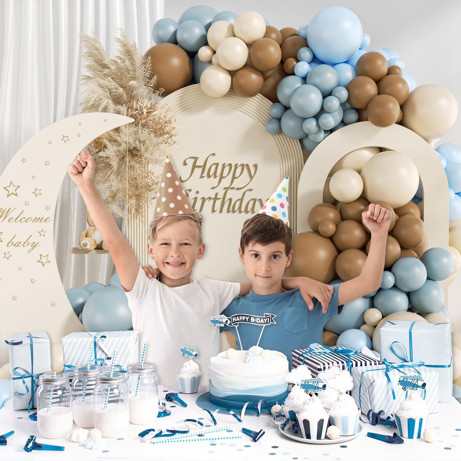 146Pcs Dusty Blue and Brown Balloon Arch Kit, Bear Baby Shower Decorations with Brown Sand White Dusty Blue Balloons for Baby Shower Decorations Gender Reveal Birthday Party Decoration