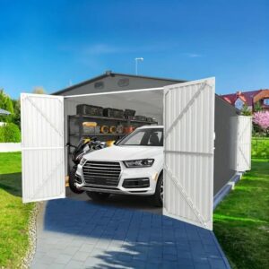 20 x 10 ft outdoor storage shed, large metal garden shed with 2 lockable doors, tool shed outdoor storage with 4 air vents, garage shed waterproof for car, truck, bike, garbage can, tool, dark gray