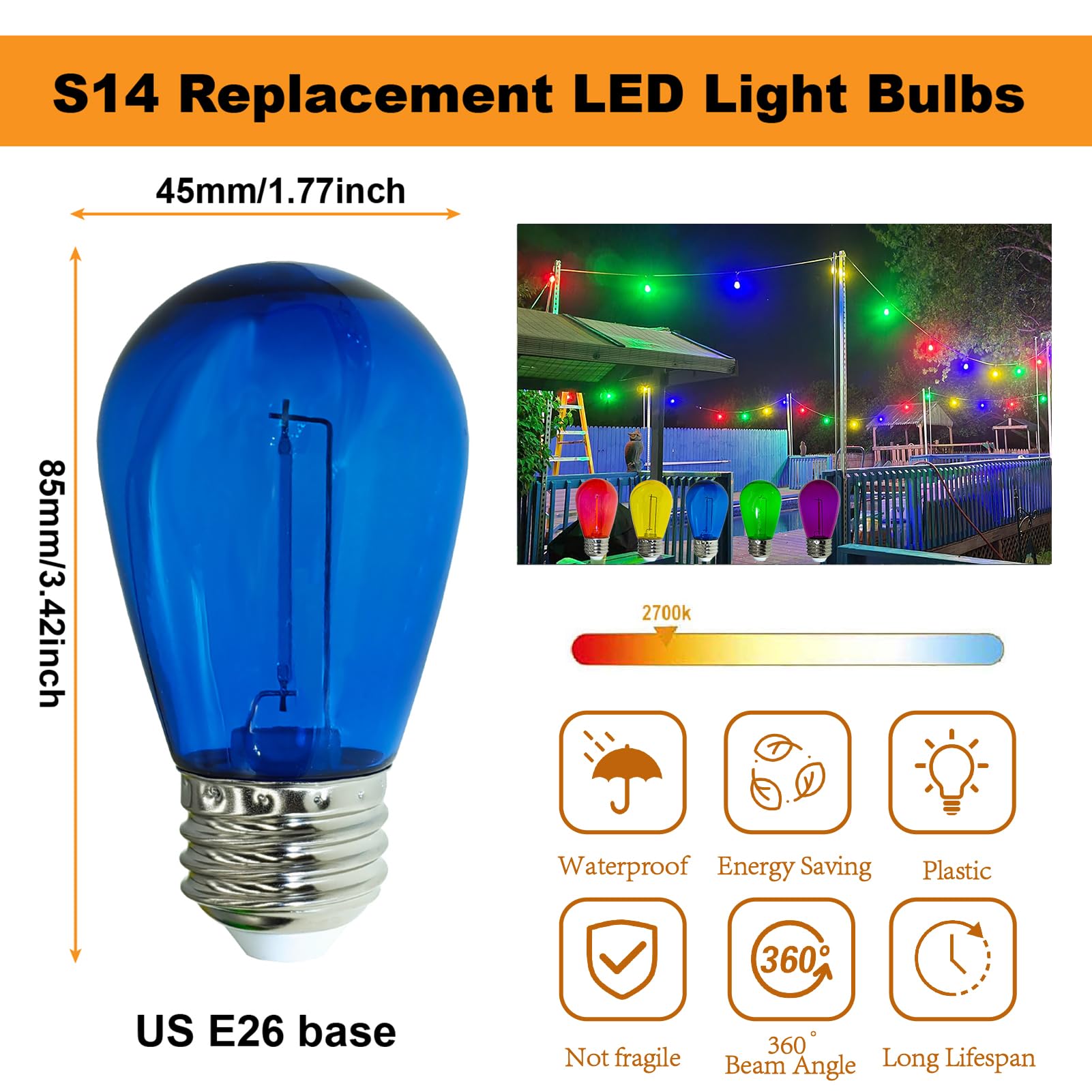 abulber S14 led Outdoor String Light Replacement Bulbs,Plastic,Shatterproof,Waterproof.1 Watt to Replace 11 Watts Incandescent Bulb.120V 2700K E26 Multi-Colored 16 Pack