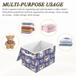 Doterii Cute Pug Dog and Flowers Storage Bin with Lid Fabric Foldable Cube Baskets Closet Toy Organizer