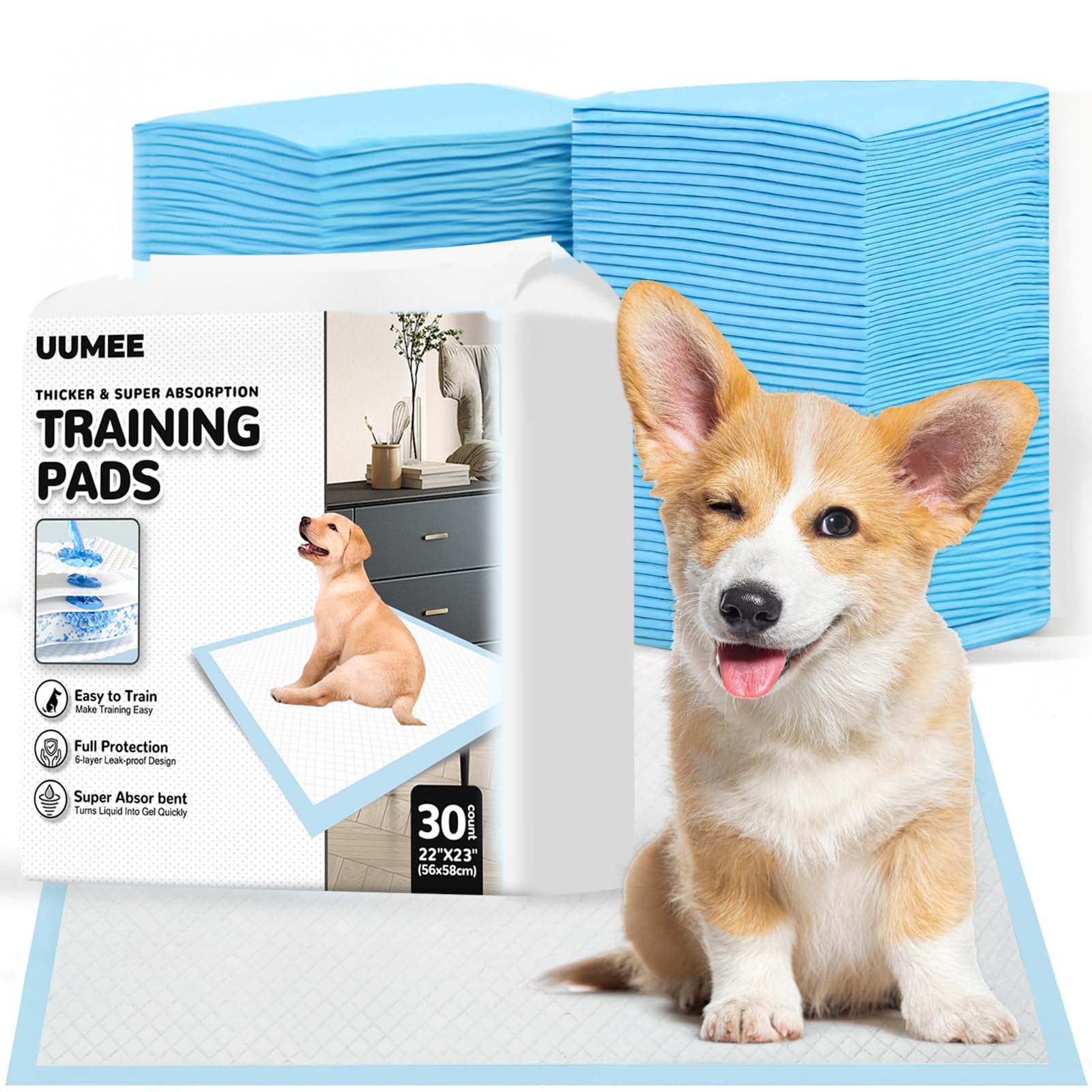 Dog Pee Pads 22"x23", Pee Pads for Dogs, Disposable Puppy Pads Pet Training Pads Super Absorbent Leak-Proof Quick Drying Pee Pads (30 Count)