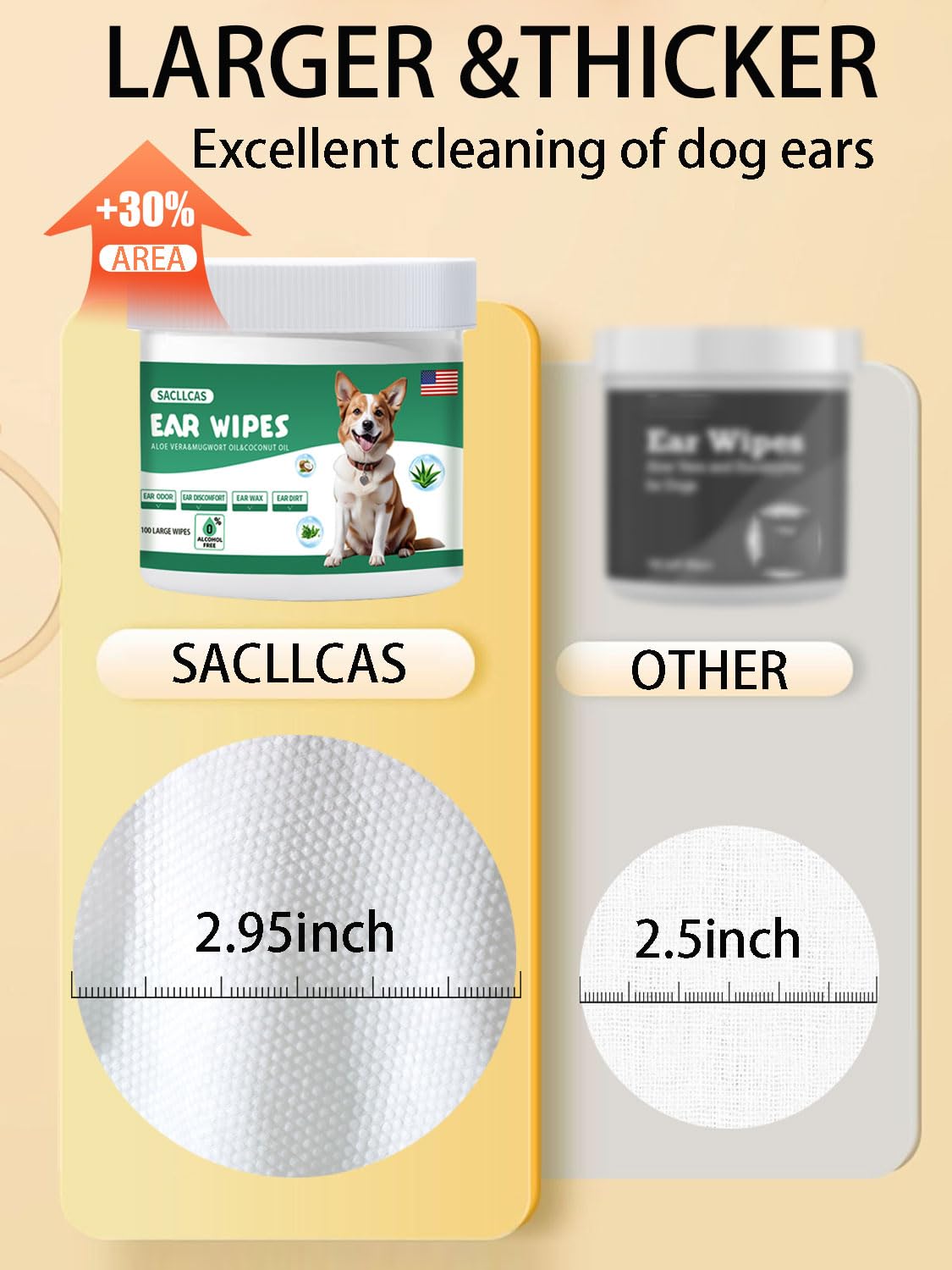 SACLLCAS Large Ear Wipes for Dogs,Dog Ear Cleaning Pads Otic Cleanser for Dirty, Waxy, Smelly Ears Solution,Premium Strength Pet Ear Cleaner Wipes with Natural Aloe and Mugwort-100 Count