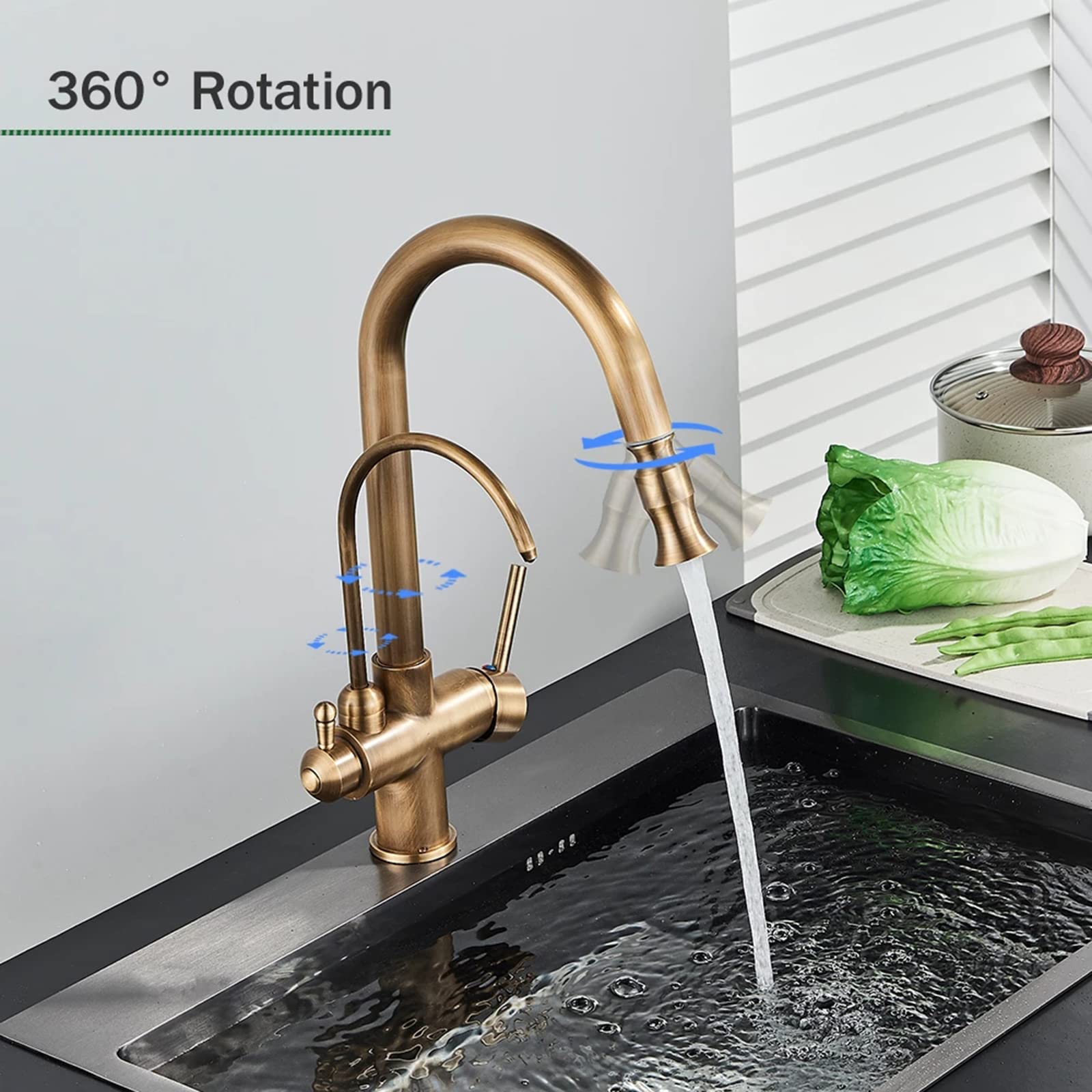 WTEZRSRGG Pull Out Kitchen Faucet with Drinking Water Filter Faucet 2 in 1 Antique Brass Kitchen Sink Faucet 360° Swivel Cold and Hot Water Kitchen Mixer Tap with 2 Handles