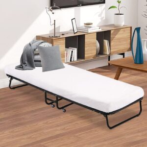 Folding Bed with Wheels, Folded Bed with Metal Slats, Portable Cot with 3.9 Inch Memory Foam Mattress, Roll Away Beds with Mattresses for Adults, 75L*30W*12H, Fold Up Bed for Easy Storage, White