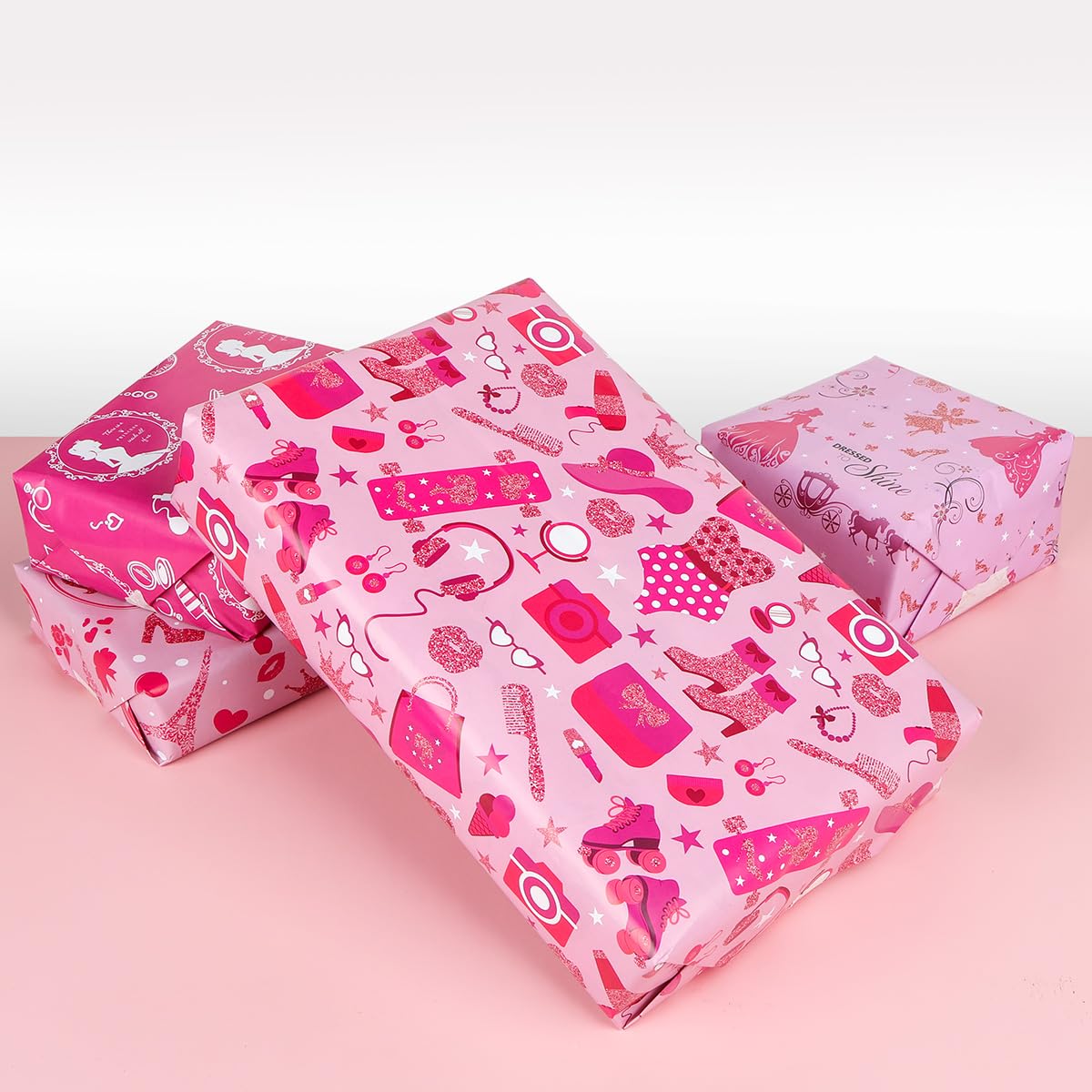 ZJHiome 8 Sheets Girl Princess Wrapping Paper 50x70cm Hot Pink Girl Party Gift Wrap Paper Pink Birthday Wrapping Paper for Kids Girls Birthday Baby Shower Craft Gift DIY Decor