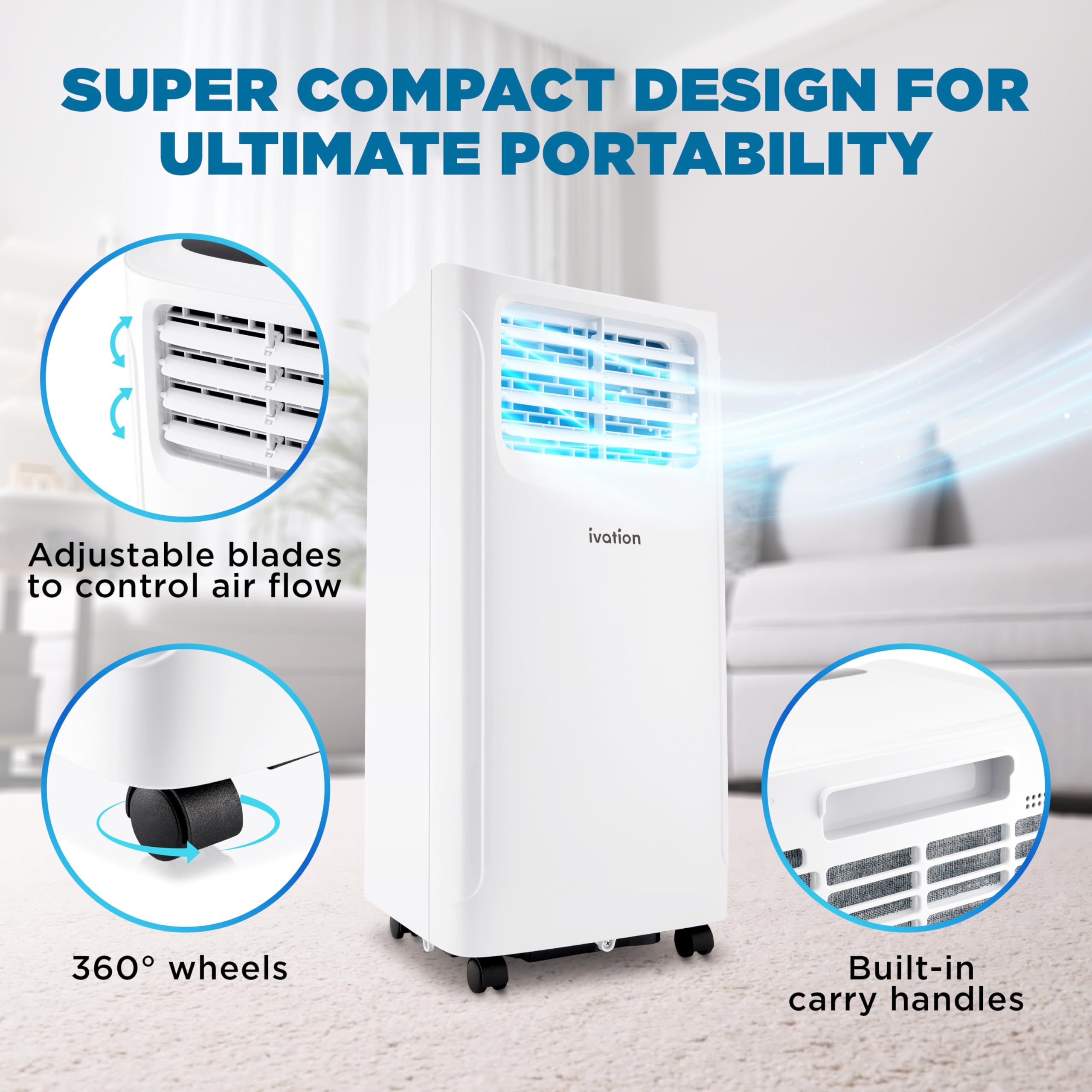 Ivation 9000 BTU Compact Portable Air Conditioner, Smallest AC Unit with Powerful Cooling, Multi-Speed Fan, Dehumidifier, Sleep Mode, Built-In Timer, Remote Control, Washable Filter, Wheels & Handle