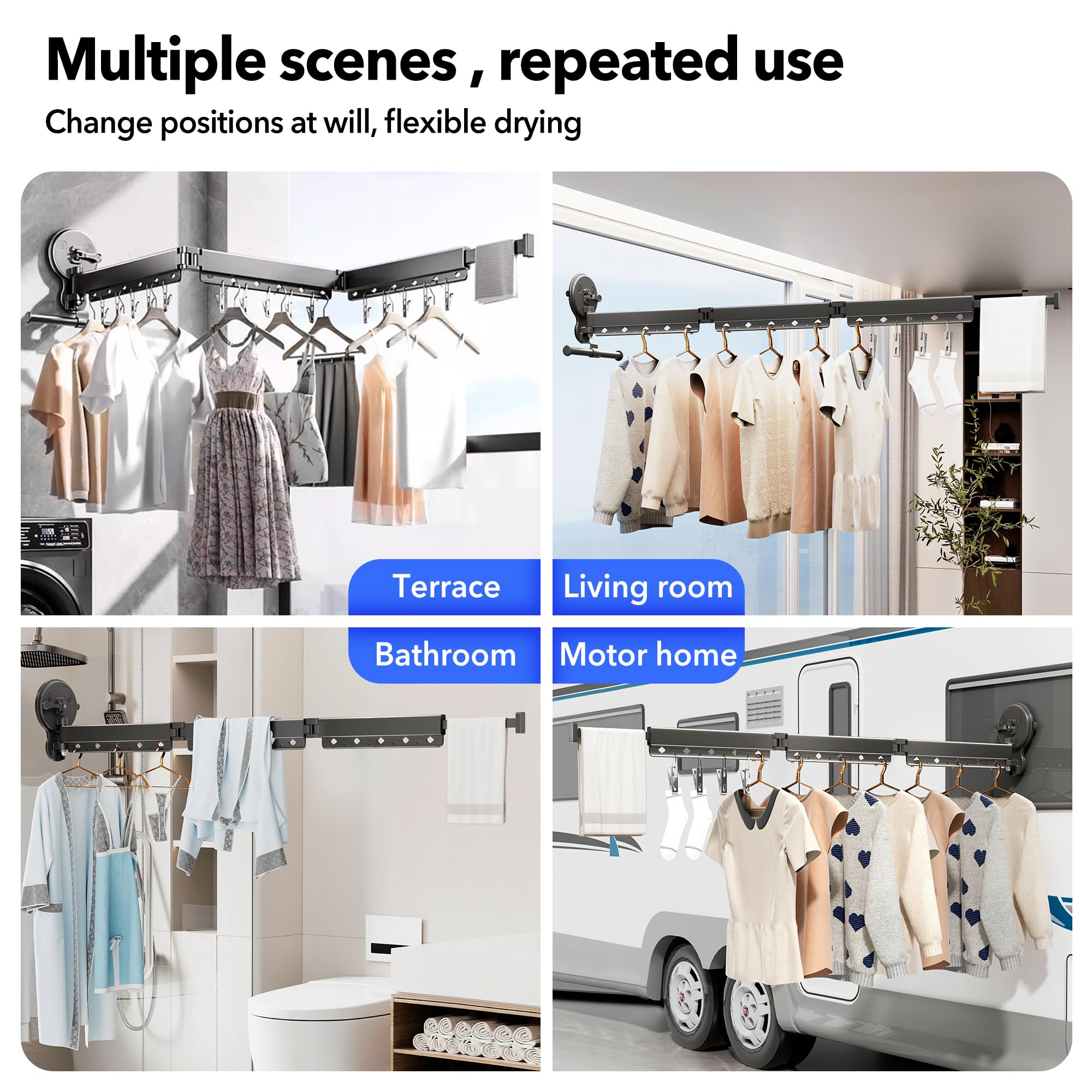 HEILAIYI Suction Cup Clothes Drying Rack,Drying Rack Clothing Wall Mounted,Laundry Drying Rack,Foldable,Collapsible,Retractable,Clothes Hanger Rack with Clips