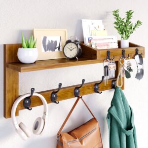 Coat Rack Wall Mount with Shelf, Wall Mounted Coat Rack with Shelf, 24 in Coat Hanger Wall Mount, Wooden Hanging Entryway Shelf with Hooks for Backpack, Bag, Purse, Large Key and Mail Holder for Wall