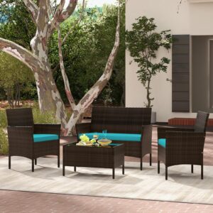 Tangkula 8 Piece Patio Rattan Conversation Set, Outdoor Wicker Furniture Set with Chair, Loveseat & Tempered Glass Table, Cozy Seat Cushions, Outside Sectional Sofa Set for Backyard (2,Turquoise)