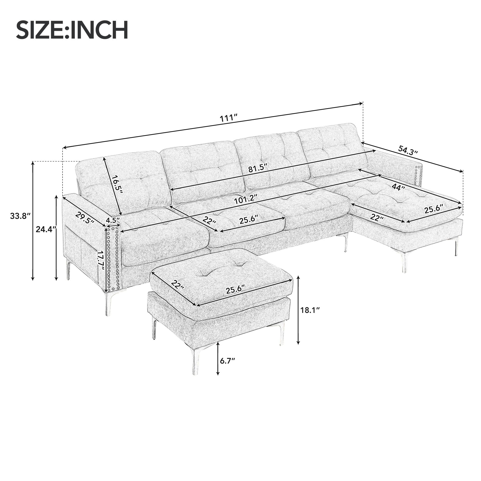 FANYE 111" W U-Shaped Sectional Sofa Couch with Reversible Chaise and Movable Ottoman, Modern 5-Seaters Convertible Corner Sofa&Couch with Side Pockets and Nail Head Decor for Living Room