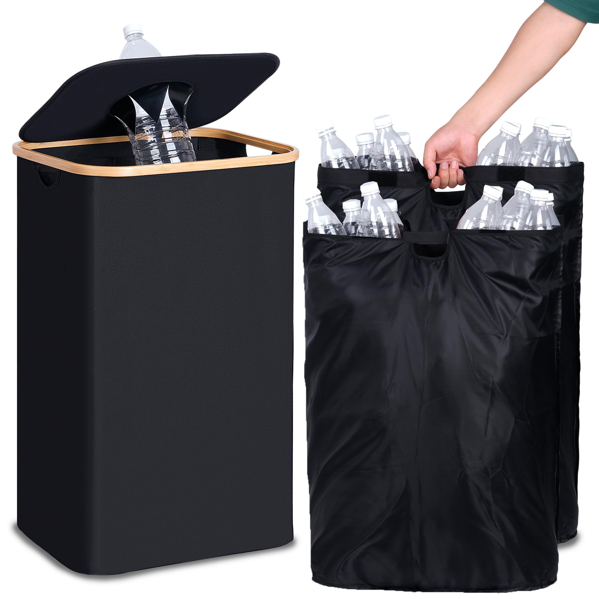 efluky Recycling Bin for Kitchen 26 Gallon, 100L Recycle Bin with 2 Removeable and Reusable Inner Bag, Large Recycling bin with lid for Bottle Can Plastice Stickers (Black)