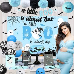 JOYMEMO Halloween Baby Shower Decorations Boy - A Little Boo is Almost Due Backdrop with Banner Blue and Black, Paper Lanterns Pom Poms, Bat Wall Stickers for Pregnancy Celebration Newborn Party