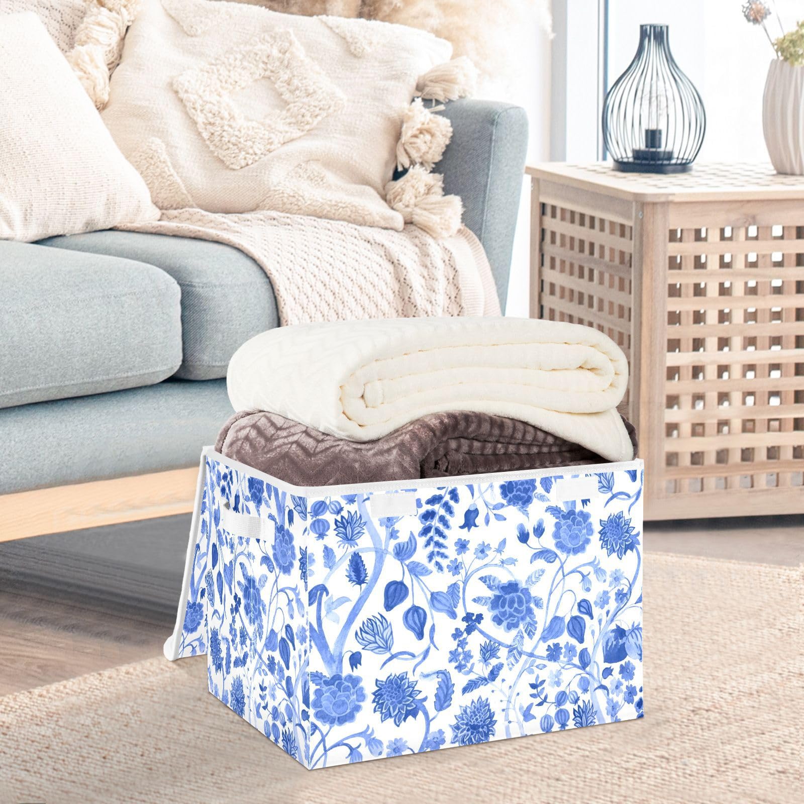 Doterii Blue Chinoiserie Blooming Flowers Storage Bin with Lid Fabric Foldable Cube Baskets Closet Toy Organizer