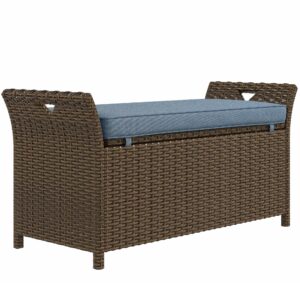 canditree outdoor rattan wicker storage bench with cushion, patio storage deck box for outdoor furniture cushions, garden tools (dark blue)