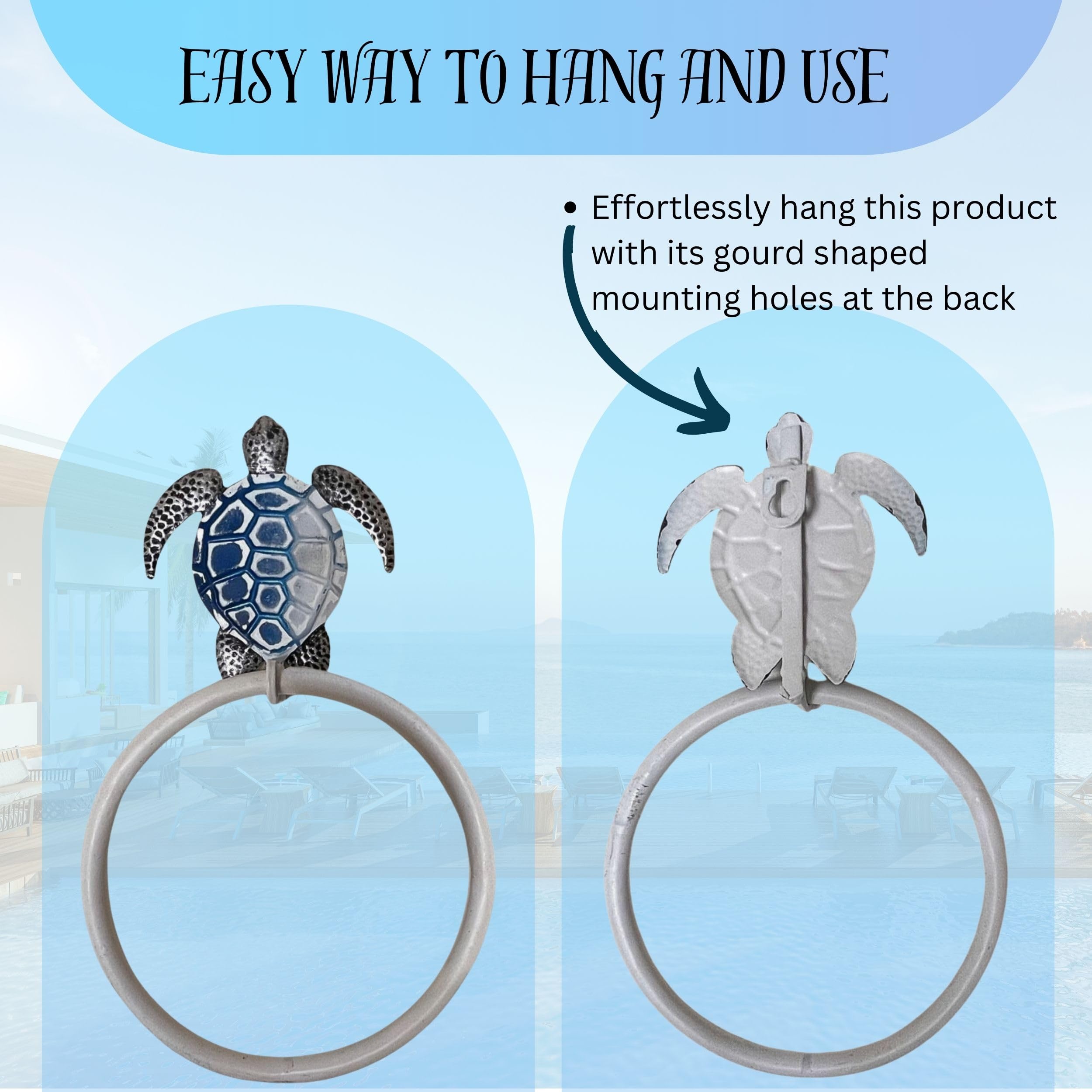 Metal Sea Turtle Towel Ring Wall Mount - Beach House Inspired, Coastal Themed Towel Holder - Nautical Bathroom Decor and Accessories - Ideal for Marine Tropical Life Lovers